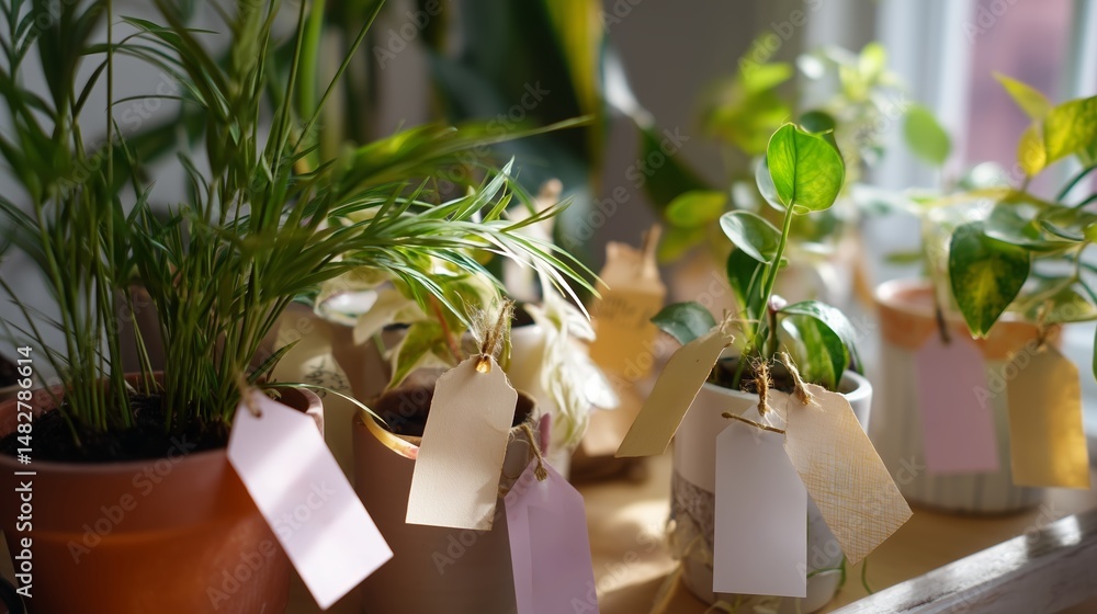 Variety of indoor plants in small pots arranged on a wooden table with labels during bright daylight