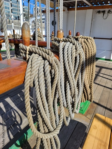 Natural ship ropes on a historic vessel close up