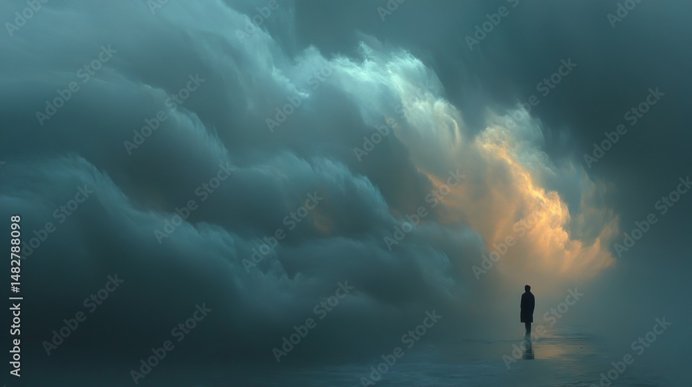 Obraz premium Solitary Figure Amidst a Dramatic Cloudscape