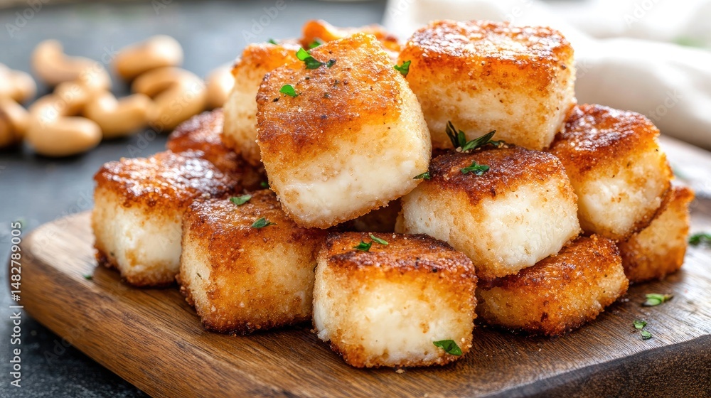 Crispy, golden cheese cubes on a wooden board Crispy, golden cheese cubes on a wooden board
