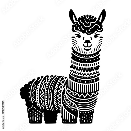 Tribal Patterned Black and White Alpaca Illustration