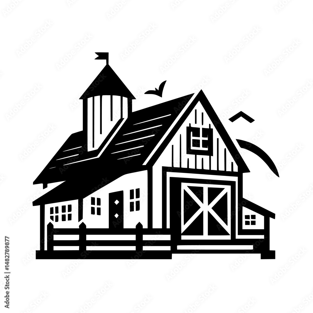 Monochrome Farmhouse Logo: Barn, Birds, and Fence on White Monochrome Farmhouse Logo: Barn, Birds, and Fence on White