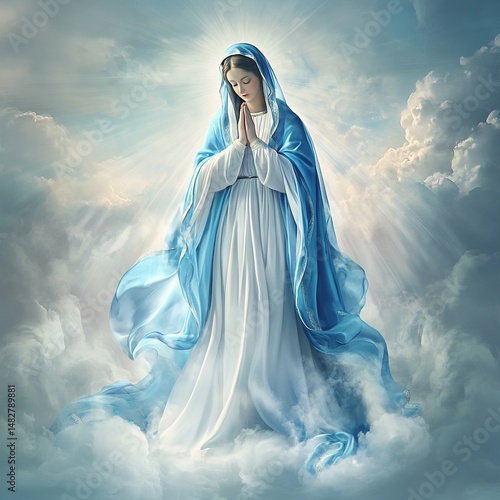 a serene image of Our Lady (Nossa Senhora) in a flowing blue and white robe, hands together in prayer, surrounded by soft light and clouds, peaceful heavenly atmosphere, divine presence