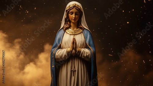 a serene image of Our Lady (Nossa Senhora) in a flowing blue and white robe, hands together in prayer, surrounded by soft light and clouds, peaceful heavenly atmosphere, divine presence
