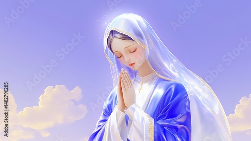 a serene image of Our Lady (Nossa Senhora) in a flowing blue and white robe, hands together in prayer, surrounded by soft light and clouds, peaceful heavenly atmosphere, divine presence