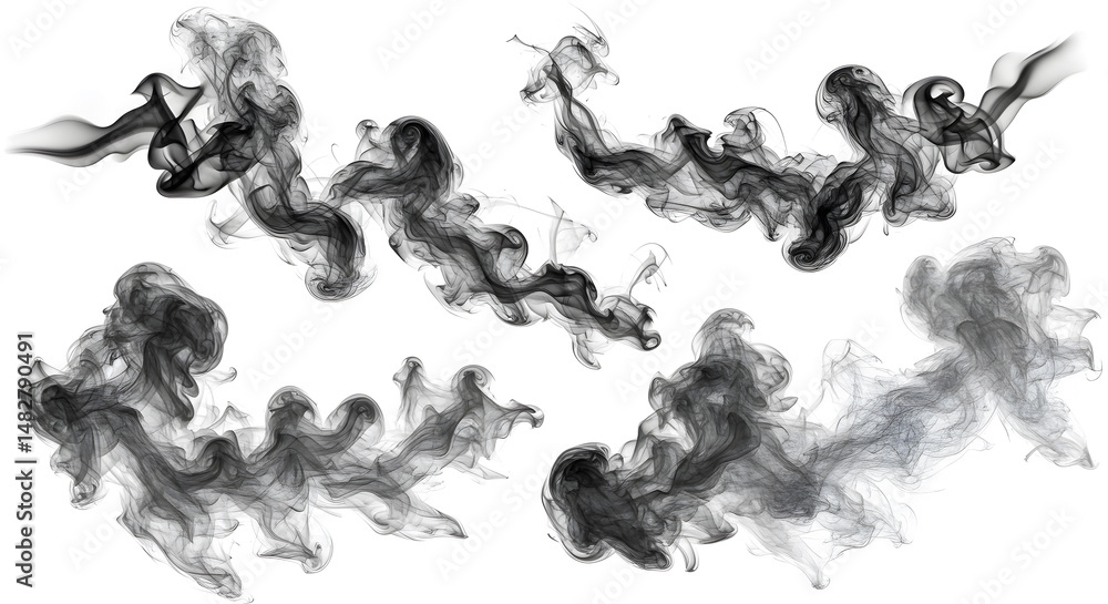 Naklejka premium Abstract Black Smoke Trails Against White Background Emphasizing Dynamic Flow and Movement