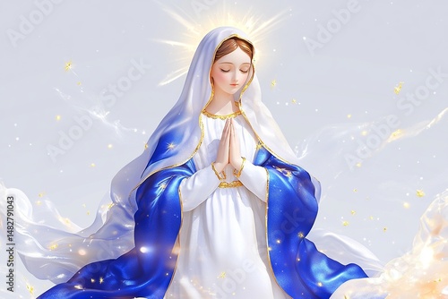 a serene image of Our Lady (Nossa Senhora) in a flowing blue and white robe, hands together in prayer, surrounded by soft light and clouds, peaceful heavenly atmosphere, divine presence
