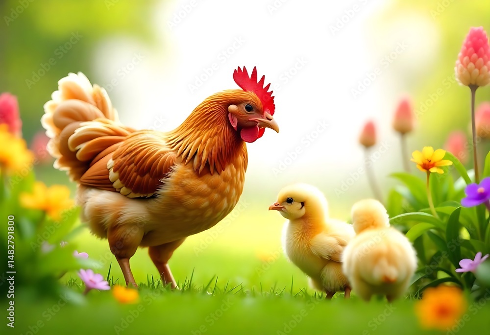 Fototapeta premium Adorable Hen and Chicks in a Spring Garden A Delightful Farm Scene