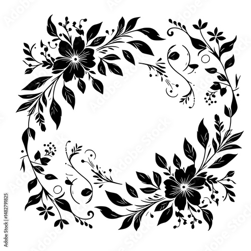 Elegant Floral Frame in Black and White: Wedding Design Element