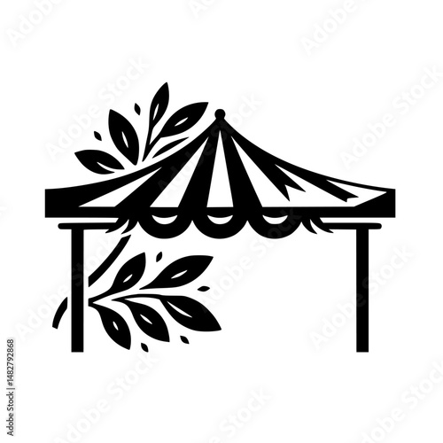 Black & White Tent Illustration with Foliage Element