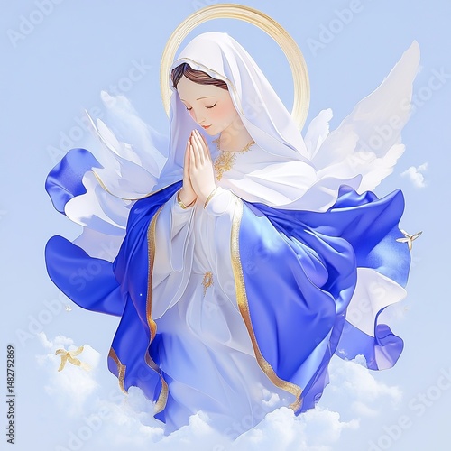 a serene image of Our Lady (Nossa Senhora) in a flowing blue and white robe, hands together in prayer, surrounded by soft light and clouds, peaceful heavenly atmosphere, divine presence