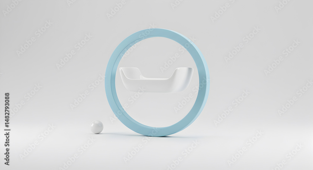 Abstract Composition Featuring Blue Ring and White Cradle on White Background with Sphere Abstract Composition Featuring Blue Ring and White Cradle on White Background with Sphere