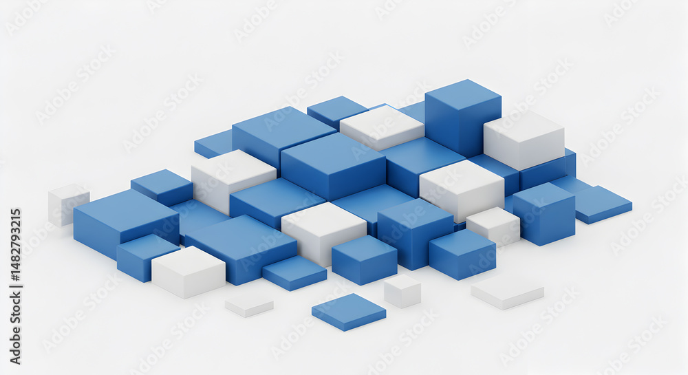 Fototapeta premium Abstract Composition Of Blue And White Cubes On A White Surface With Isometric Perspective