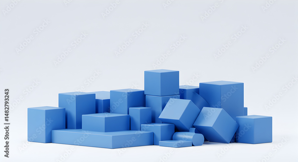 Abstract Composition Of Blue Geometric Blocks Arranged Against White Background Focusing On Form And Texture Abstract Composition Of Blue Geometric Blocks Arranged Against White Background Focusing On Form And Texture