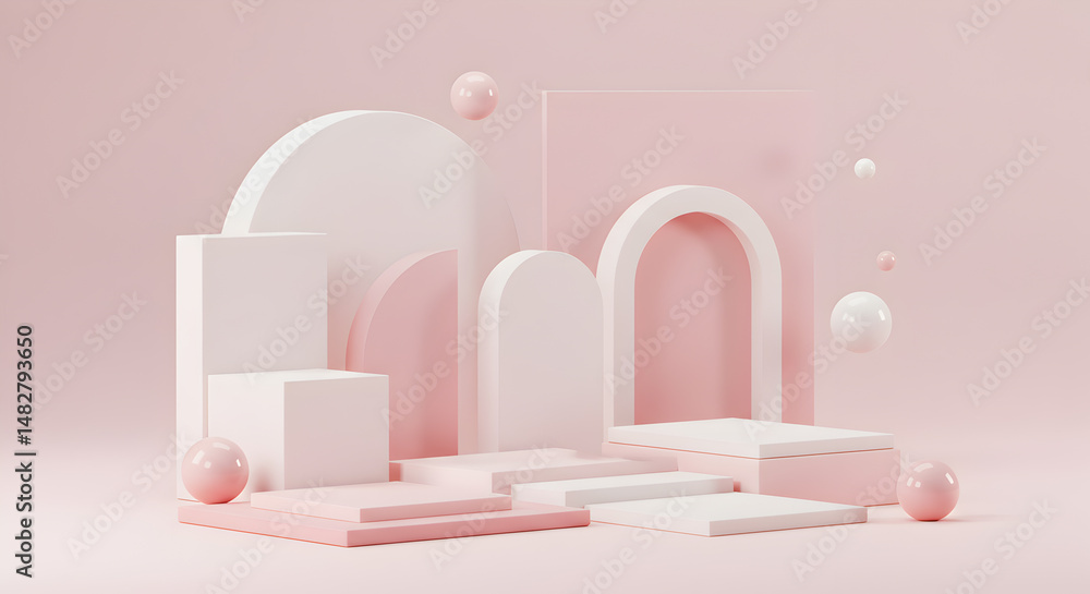Abstract Composition Of Geometric Shapes In Pastel Pink And White On Light Studio Background Abstract Composition Of Geometric Shapes In Pastel Pink And White On Light Studio Background