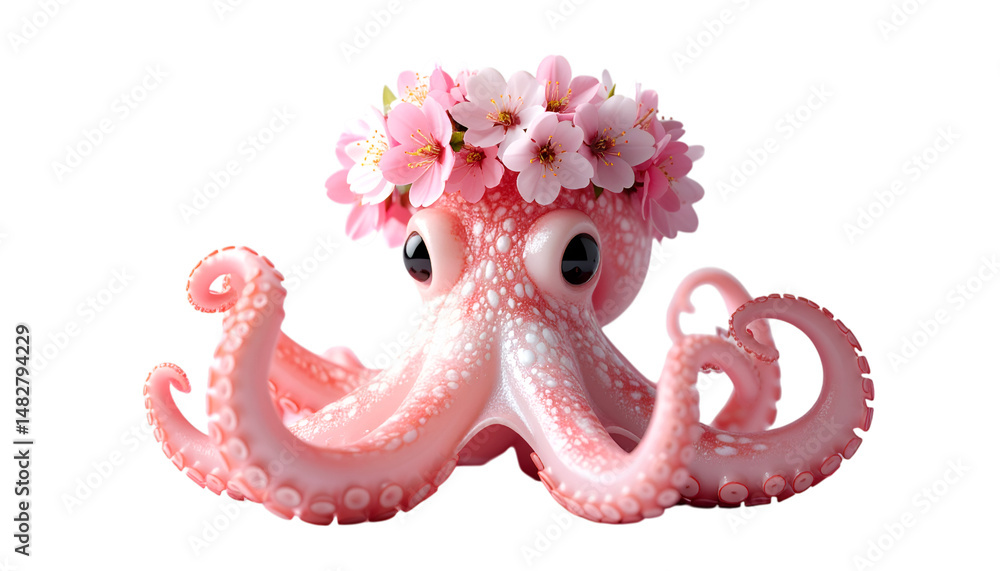 Naklejka premium Octopus with Floral Crown: A charming, pink octopus with large eyes adorned with a delicate floral crown, a whimsical and artistic creation