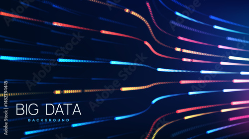 Big Data Flow Particles. Background with streams of information rushing through cyberspace. Futuristic Business banner with modern technologies. Realistic neon vector illustration