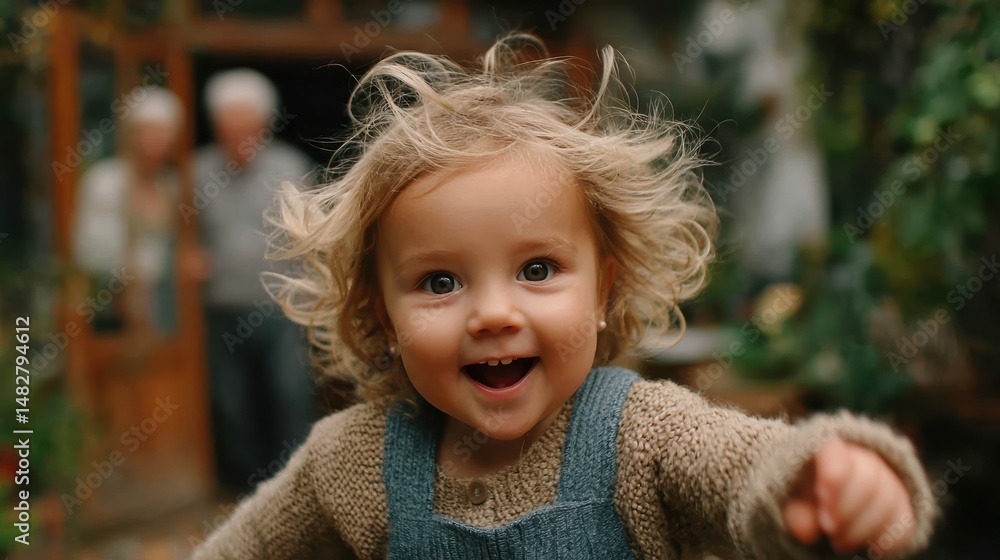 A happy toddler running to hug their grandparents in the yard A happy toddler running to hug their grandparents in the yard