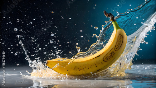 Wallpaper Mural Banana bursting with water creating splashes and droplets against a dark blue background Torontodigital.ca
