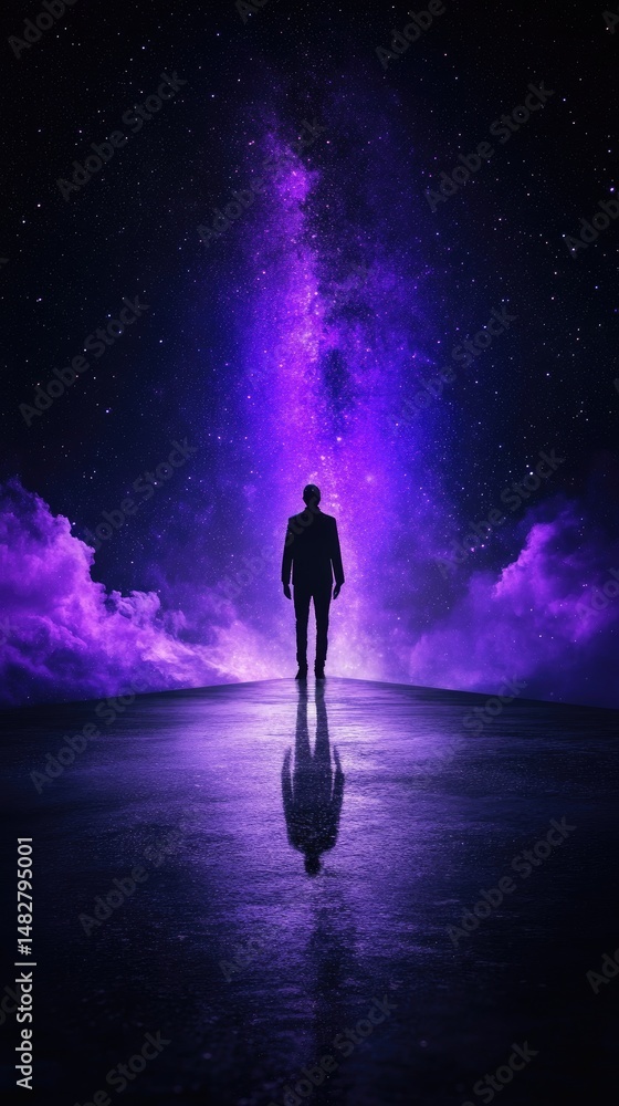 Fototapeta premium Figure silhouetted against purple nebula sky, reflective ground