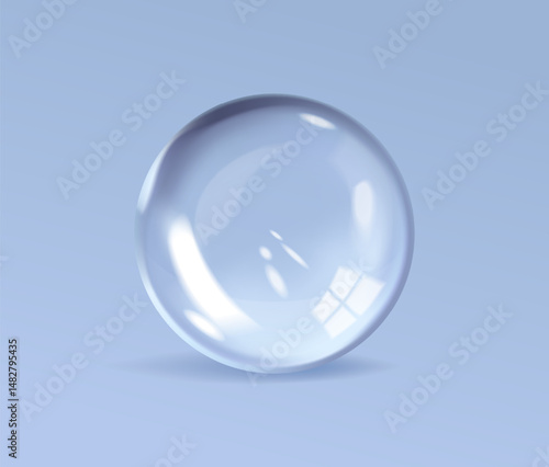 Realistic glass ball. Shining sphere with glares and highlights. Transparent volume round figure or crystal bubble of water isolated on blue. 3D vector illustration