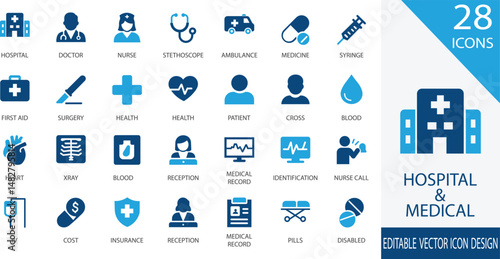 A clean and professional set of hospital and medical vector icons including doctor, nurse, ambulance, stethoscope, pills, patient, and more. Perfect for use in healthcare apps, medical websites