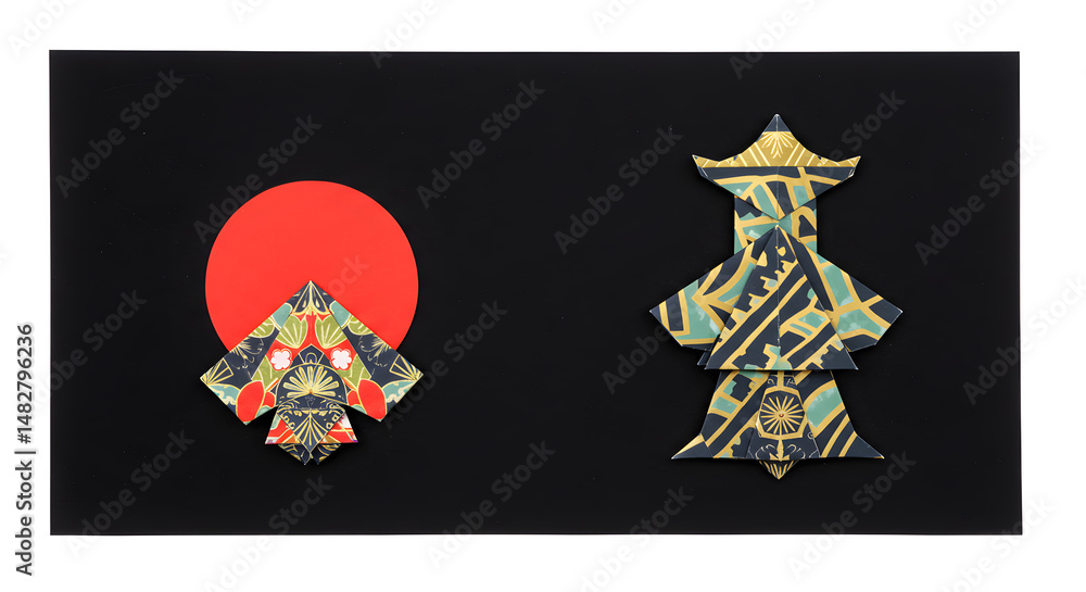 Fototapeta premium Abstract Geometric Composition With Red Circle And Origami Figures On Black Background