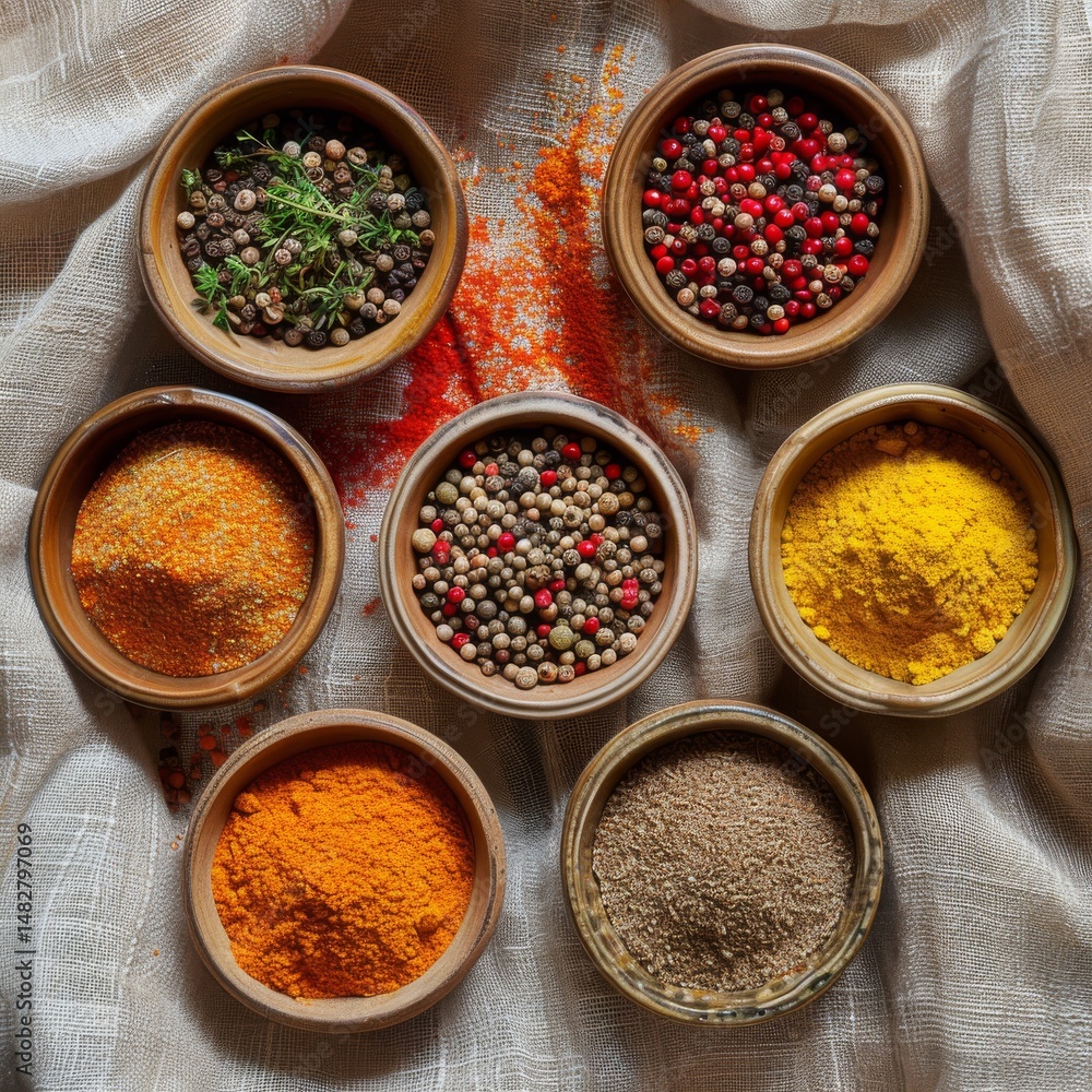 flat lay of colorful spices in ceramic bowls, textured linen surface, modern style, bright natural light, vivid orange and red tones, top-down view with negative space in upper half, flat lay of colorful spices in ceramic bowls, textured linen surface, modern style, bright natural light, vivid orange and red tones, top-down view with negative space in upper half,