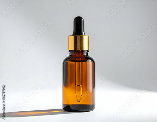 Isolated on white, a brown medicine bottle with a dropper and a clear glass sit near a bottle of red wine, representing health and drink in transparent containers