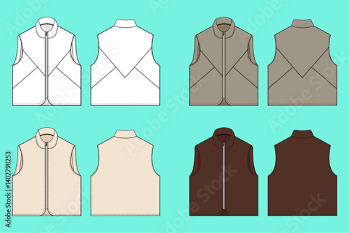 Mens funnel neck zip through Vest color way bundle set technical drawing fashion flat sketch template outline CAD mockup front and back views.