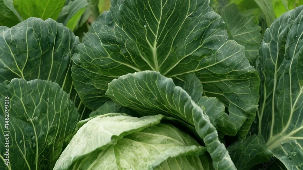 Fresh ripe green cabbage with water droplets, healthy leafy vegetable in a garden, close up view of organic food for salads Fresh ripe green cabbage with water droplets, healthy leafy vegetable in a garden, close up view of organic food for salads