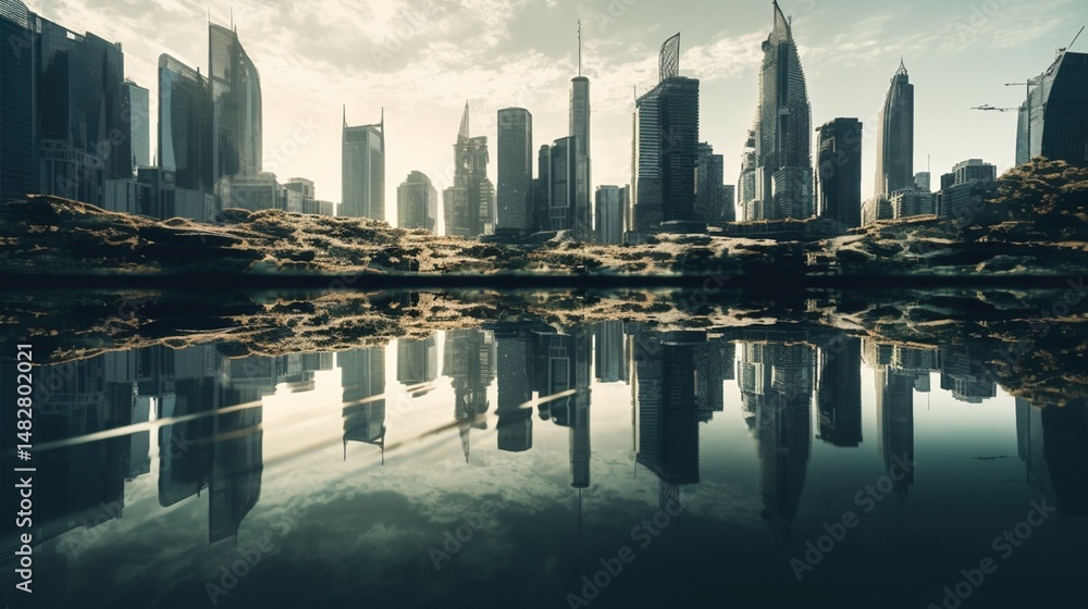 Obraz premium Futuristic city skyline reflected in a calm body of water. Lush greenery borders the water's edge, creating a serene yet futuristic urban landscape