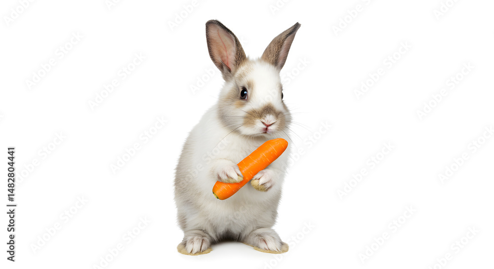 Obraz premium Adorable Bunny Holding An Orange Carrot Against A Clean White Background