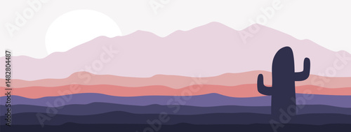 Desert cactus mountain landscape terrain scene. Cartoon flat design background vector illustration. Design for banner or social media template.