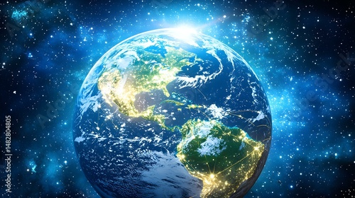 Fototapeta Naklejka Na Ścianę i Meble -  The image shows a detailed view of planet Earth from space, prominently displaying North and South America, with city lights glowing brightly against the darkness.  A network of lines connecting vari