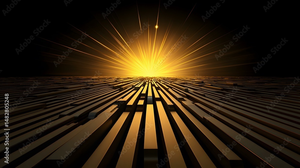 Obraz premium A radiant golden light explodes from the horizon above a dark, textured landscape of parallel, rectangular prisms.