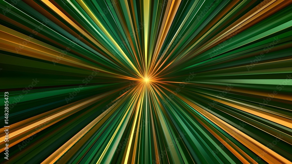 Fototapeta premium The image contains an abstract design of radiating lines in shades of green and gold, converging towards a bright center.
