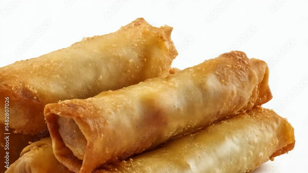 Pile of several golden crispy fried egg rolls on a white surface, ready to eat as party appetizers and takeout food Pile of several golden crispy fried egg rolls on a white surface, ready to eat as party appetizers and takeout food