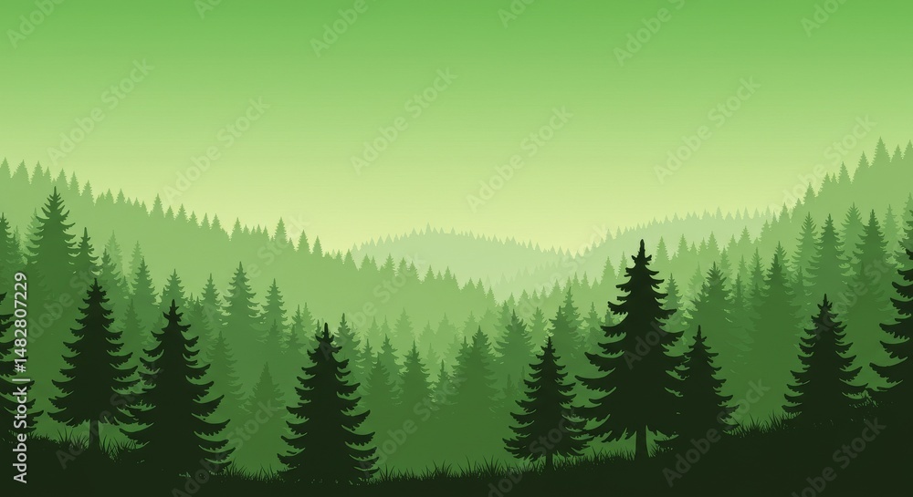 Fototapeta premium A serene camping scene unfolds at dusk with a cozy tent and warm campfire amidst tall pines.