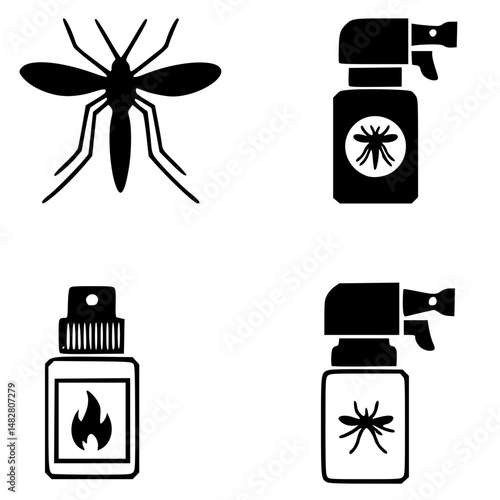 Mosquito icons. Black and White Vector Icons. Goal Sign with Insect Inside. Insect repellent. Camping and Tourism. Label or Logo for Packaging