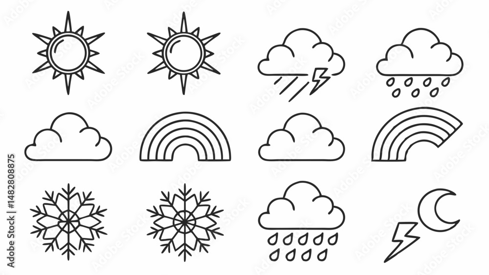 weather icons. Weather line icon set. Sun, rain, thunder storm, dew, wind, snow cloud, sky, clouds, snowflake, wind, rainbow, moon Editable Stroke vector illustrations weather icons. Weather line icon set. Sun, rain, thunder storm, dew, wind, snow cloud, sky, clouds, snowflake, wind, rainbow, moon Editable Stroke vector illustrations