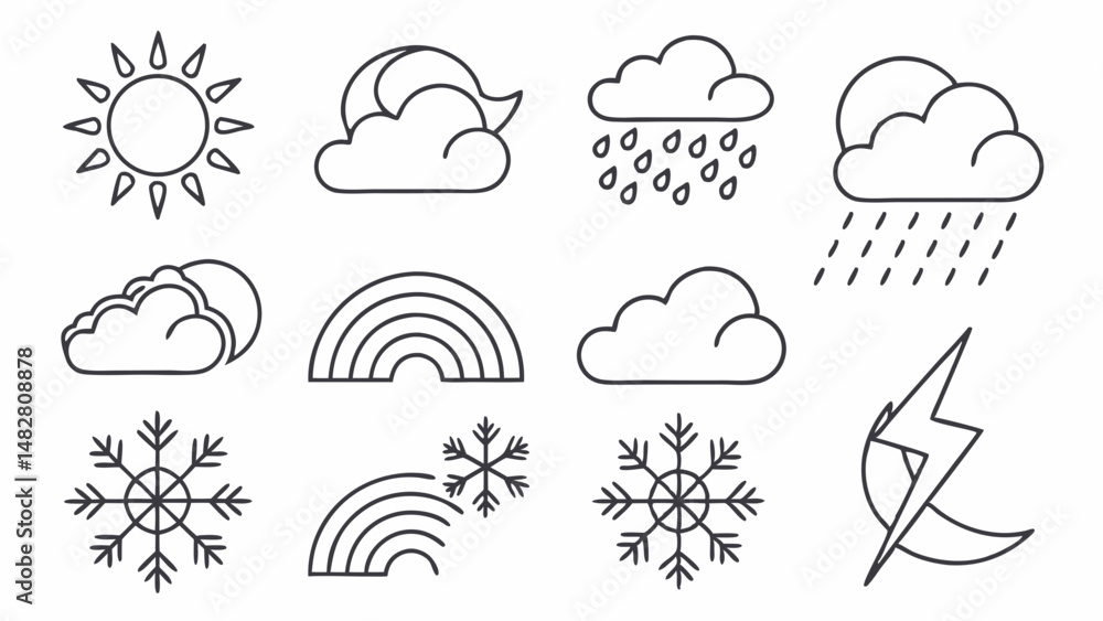 weather icons. Weather line icon set. Sun, rain, thunder storm, dew, wind, snow cloud, sky, clouds, snowflake, wind, rainbow, moon Editable Stroke vector illustrations weather icons. Weather line icon set. Sun, rain, thunder storm, dew, wind, snow cloud, sky, clouds, snowflake, wind, rainbow, moon Editable Stroke vector illustrations