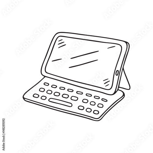 A tablet with wireless keyboard on a cafe table