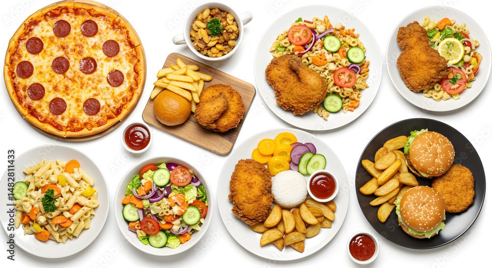 Assorted Fast Food Dishes Pizza Burgers Chicken Fries Salad and Pasta on White Surface Assorted Fast Food Dishes Pizza Burgers Chicken Fries Salad and Pasta on White Surface