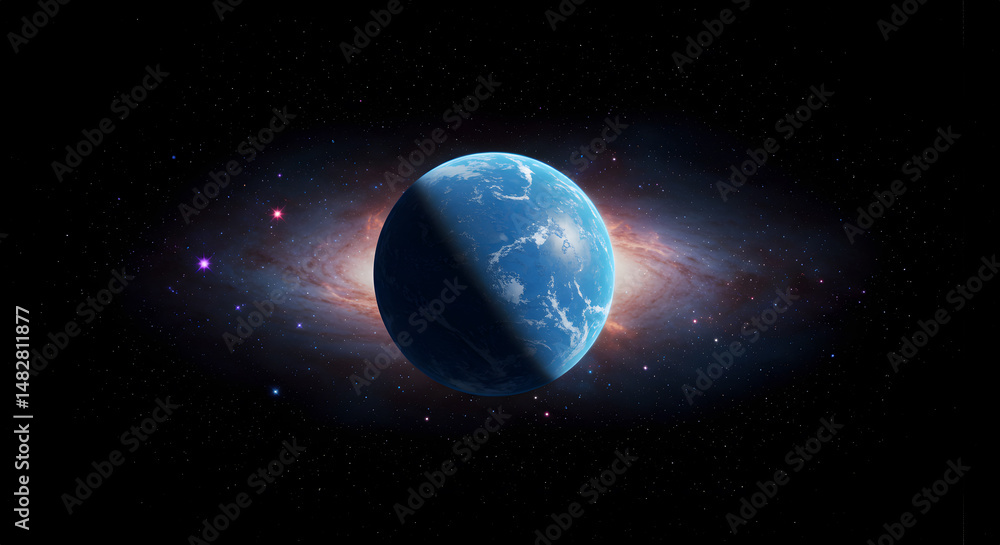 Fototapeta premium A Blue Planet Illuminated In Front Of A Galaxy In The Vast Universe
