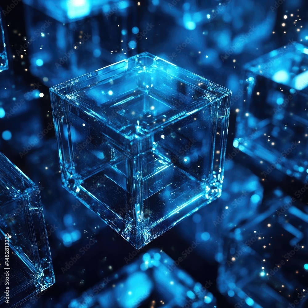 Abstract digital cubes in a vibrant blue space. Transparent, glowing cubes, illuminated by a soft blue light, interact with particles in the surrounding space Abstract digital cubes in a vibrant blue space. Transparent, glowing cubes, illuminated by a soft blue light, interact with particles in the surrounding space