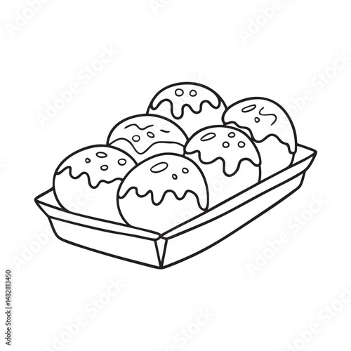 A takoyaki resting on a paper box tray at a food stall