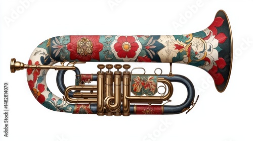 Floral Flugelhorn with Gold Valves on White Background