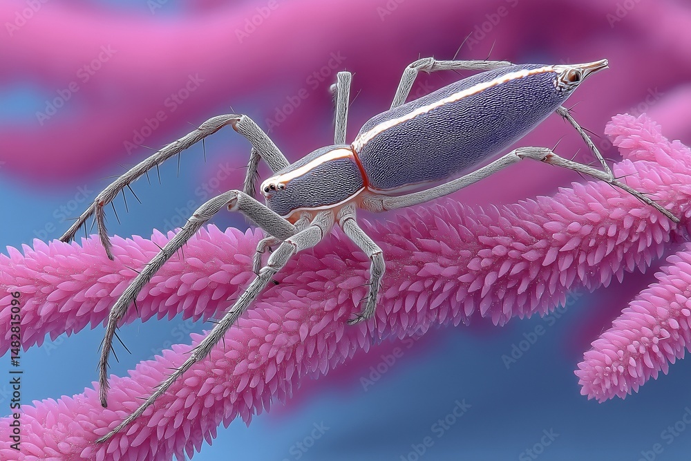 Fototapeta premium Spider Crawling on Vibrant Pink Flower Stamen