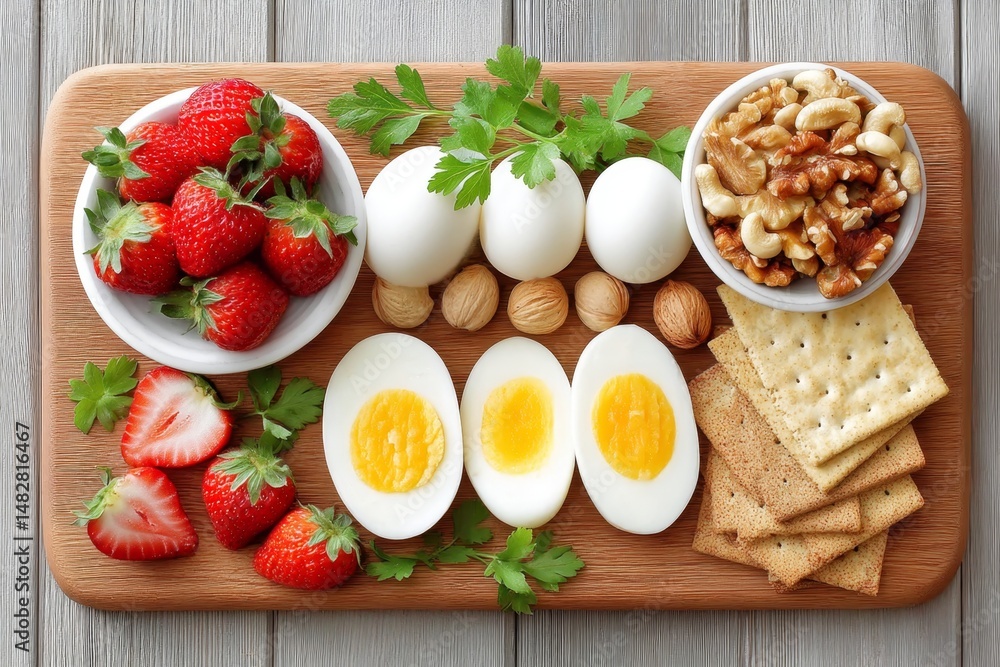 A breakfast board with boiled eggs nuts fresh fruits and whole wheat crackers A breakfast board with boiled eggs nuts fresh fruits and whole wheat crackers